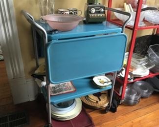 Blue 1950s Vintage Metal Rolling Cart with drop leaf sides