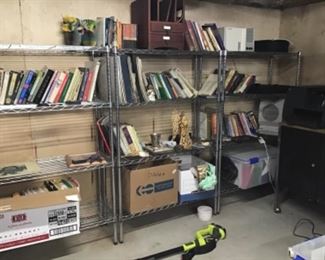 Lots of books, metal shelving