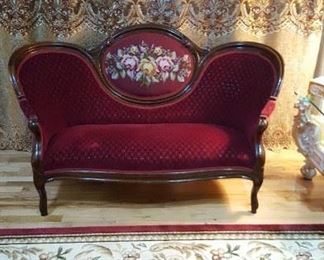#2 Discount 25% OFF - Burgundy Antique Victorian Settee Sofa with Needlepoint Roses. Rare. Gorgeous. $750, after discount - $562.50