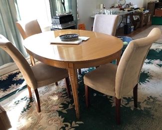 MCM dining table with new upholstered side chairs (table has 2 leafs and pads)