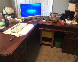L shaped solid wood desk with matching bookcase and filing cabinet 