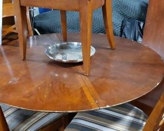 Large Round Table with Heavy base, 2 Leafs & (4) Newly Upholstered Chairs (table needs work) WAS $495 NOW $450