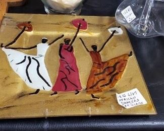 African Painted Art Glass Square Plate $65