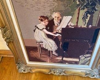 Vintage Large Framed Needlepoint Art 'Piano Lesson, Girl & Teacher' Ornate Frame “The First Piano Lesson” by Jules Alexis Muenier $195