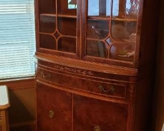Gorgeous 3'W Antique Burled Wood China Cabinet, 62"W x 42" x 30"H Curved Corners Dining Room Table with 12" leaf & (6) Off White Padded Seat & Back Chairs (2 Arm 4 Side) $1495 for set