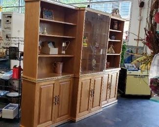8' 3 Pc. Solid Oak Display Bookcase Cabinets Ensemble  (Center is lit with glass shelves & Doors on top) 8' W x 75"H x 17"D middle 12.75"D sides  Asking  $695 for set