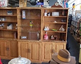 8' 3 Pc. Solid Oak Display Bookcase Cabinets Ensemble  (Center is lit with glass shelves & Doors on top) 8' W x 75"H x 17"D middle 12.75"D sides  Asking  $695 for set