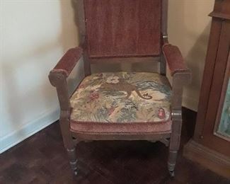 Victorian arm chair with tapestry seat and sheared velvet back and arm rests. One of two available.