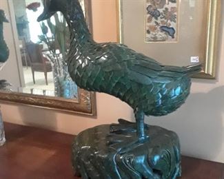 Closer view of the Burma jade life-size geese. One of the pair of Forbidden stitch panels can be seen behind the goose.