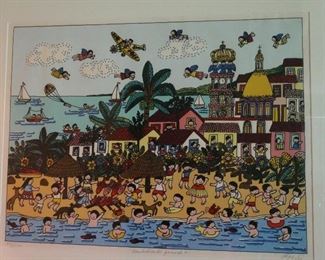 Amusing print of children swimming by Mexican artist Lege