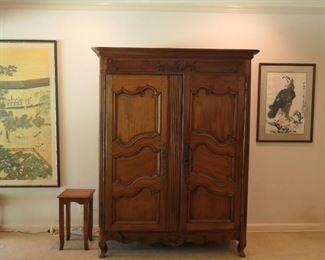Louis XV armoire, period piece. Country French. 63w" x 83.5h" - One Asian panel on silk to left. Ink eagle to right (Asian)