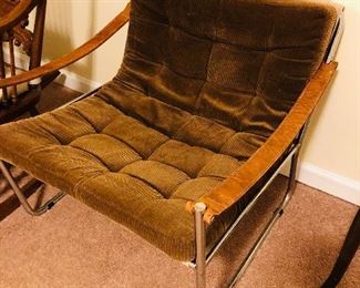Mid century chrome, leather arms, corduroy seat chair 