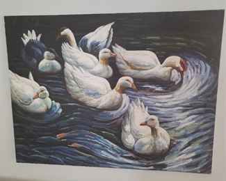 Hand painting of some ducks and swans on the water. It is a pretty good size painting
