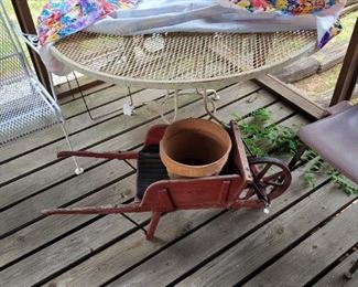 PATIO TABLE--CHILDS WHEELBARROW IN RED PAINT WOOD