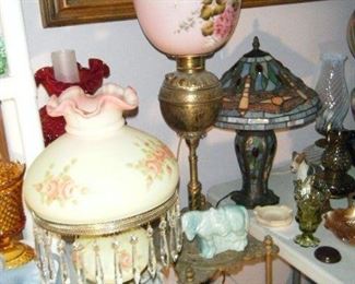 Burmese lamp,Brass bankwick lamp, Newer but nice leaded glass lamp, lots of Fenton.  