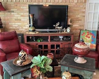 Reddish buffet/server/TV stand; good-looking matching red leather chairs; accessories