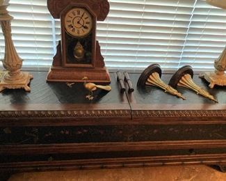 Mantel clock; carved chest