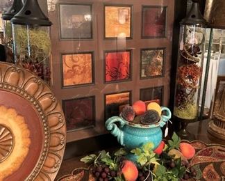 Beaded décor; turquoise bowl & fruit; framed art