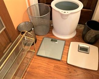 Bathroom shelf, waste baskets, and scales