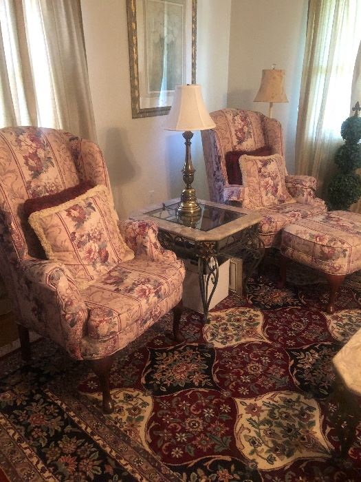 Wing back chairs and ottoman