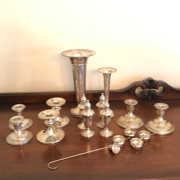 Lot of Antique Sterling Silver.  Candle holders, vases, candle snuffer, and salts