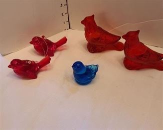 Birds: Two Red Avon Cardinals, Two Red Ornaments and a Signed Bluebird - Ward