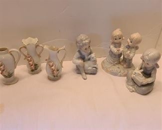 Six Figurines. Three Miniature Pitchers and Vase Ucagco Ceramics Japan, boys and girls