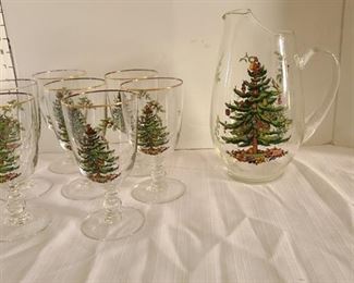Spode Christmas Tree Pitcher and 7 Water Goblets