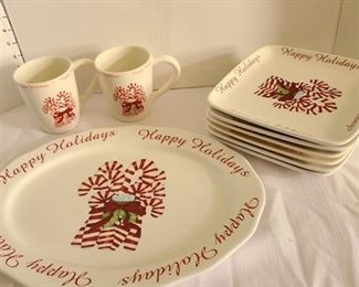 Happy Holidays Platter, 2 Mugs, 6 Plates, one has a chip