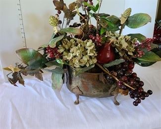 Artificial floral arrangement in hammered footed pot