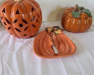 Two Ceramic Pumpkins and a Serving Plate