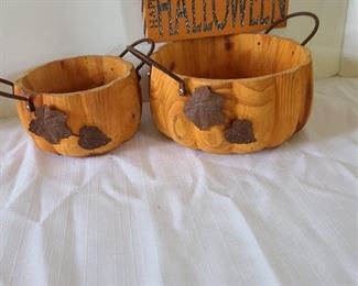 Two Wood Halloween Bowls and Sign
