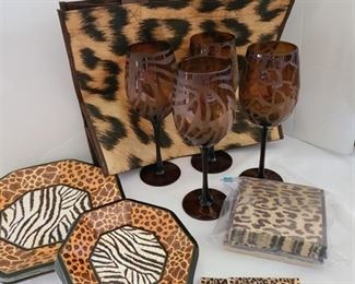 Animal print wine glasses, coasters, reusable bag, paper plates and napkins
