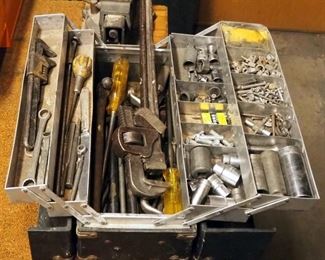 Vintage Accordion Style Tool Box Including, Pipe Wrenches, Socket And Driver, Punches, And More