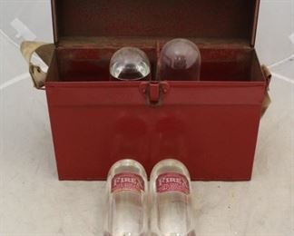 21 - FireEx Glass Fire Extinguishers w/ Metal Case 3-full bottles, 1 empty bottle
