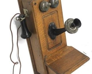 593 - Antique Kellogg oak wall phone 25 x 13 x 8 1/2
