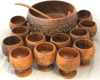 664 - Monkey pod wood bowl, ladle & 12 goblets
