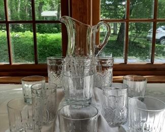 Cut Glass Pitcher and Assorted Glasses