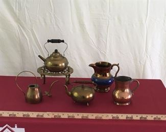 Miscellaneous Brass and Copper Tea Kettles, Pitcher, and Drinking Vessel
