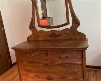 Antique Oak Dresser with Beveled Mirror