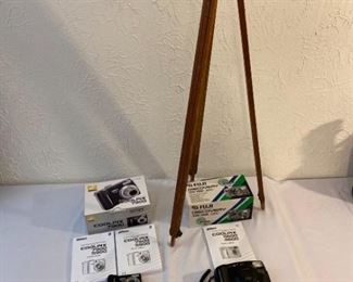 Eastman Kodak Vintage Wood Tripod and Two Cameras