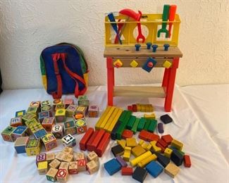Playskool Workbench and Three Sets of Buildings Blocks