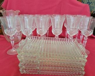 18 Crystal Wine Glasses, 8 Crystal Serving Plates 5 Pictured, 1 Crystal Vase