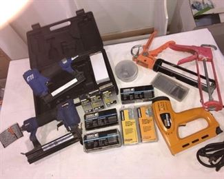 Collection of 2 Air Nailers, 2 Caulking Applicators, and an Electric Stapler
