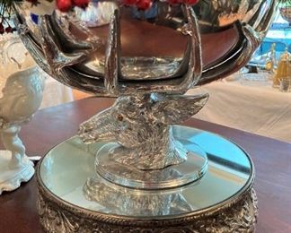 Deer antler bowl; silver plate plateau