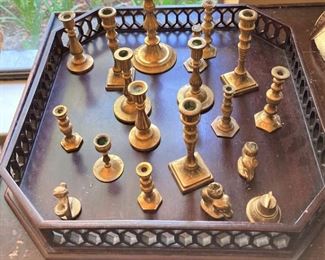 Small brass candle holders; wooden tray