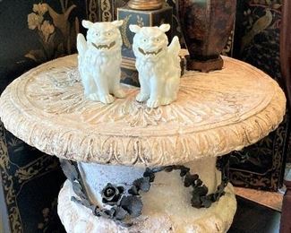Planter-shaped table; foo dogs