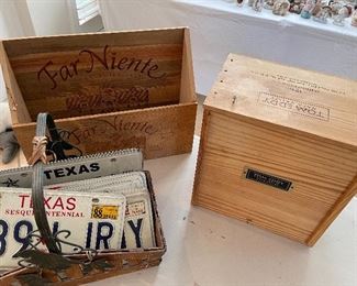 Wine boxes
Vintage license plates 
License plates 