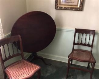 Antique Tilt Top Table, Caned Chairs