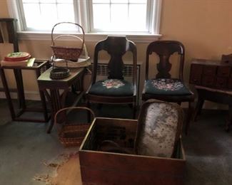 Needlepoint Chairs, Table, Baskets